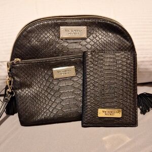 Victoria's Secret Black Snakeskin Cosmetic Bag,Wristlet & Wallet with Gold Accen